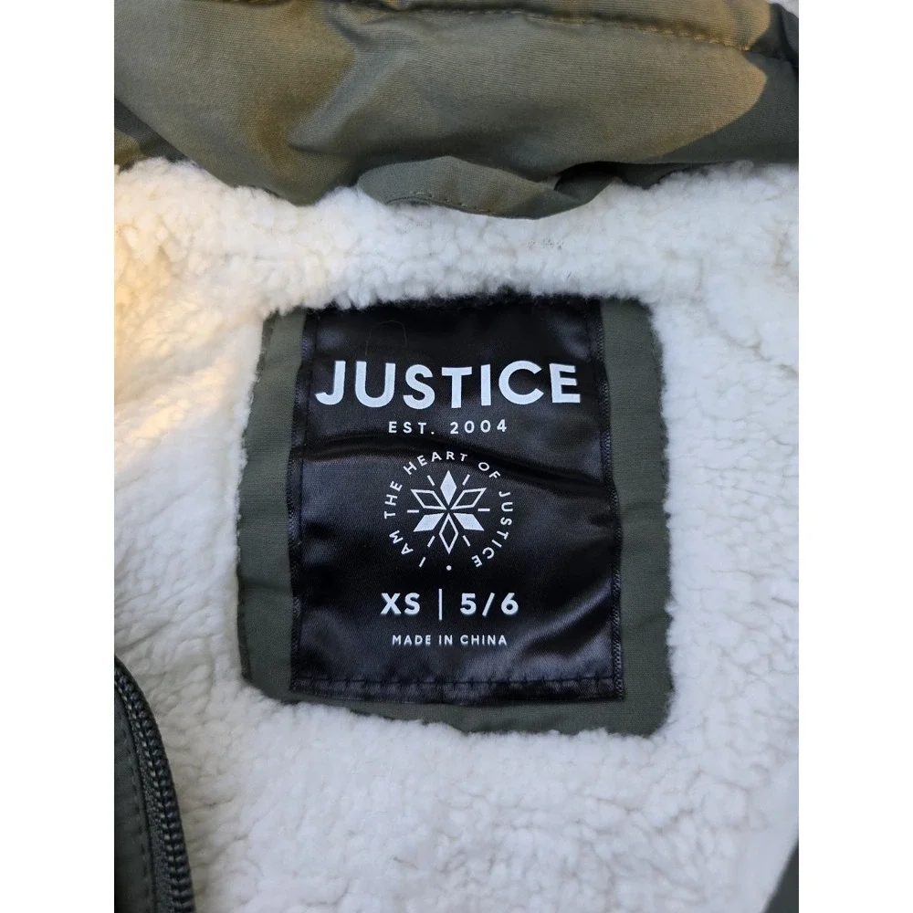 Justice Girls Puffer Jacket Faux Fur Lined With‎ Hood Sz XS 5/6 Green